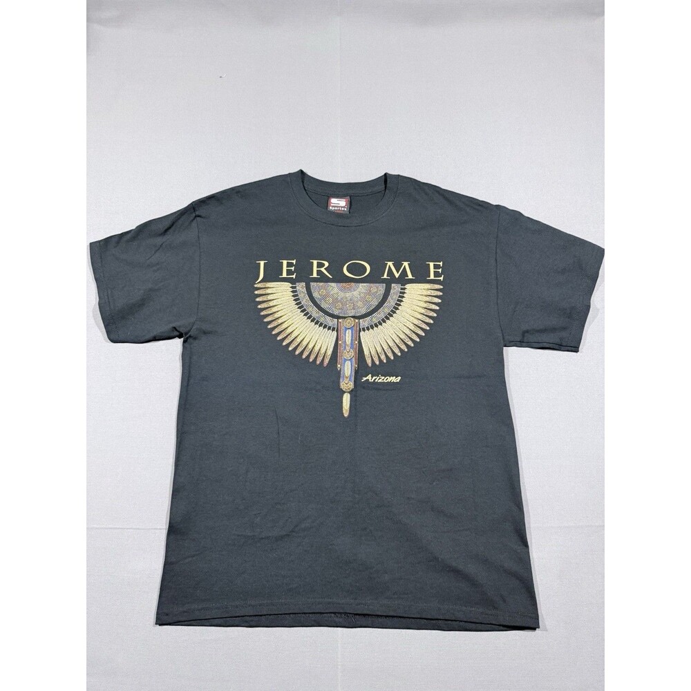 VTG USA Jerome Arizona Native American Metallic Puff Feather Large Black Tshirt